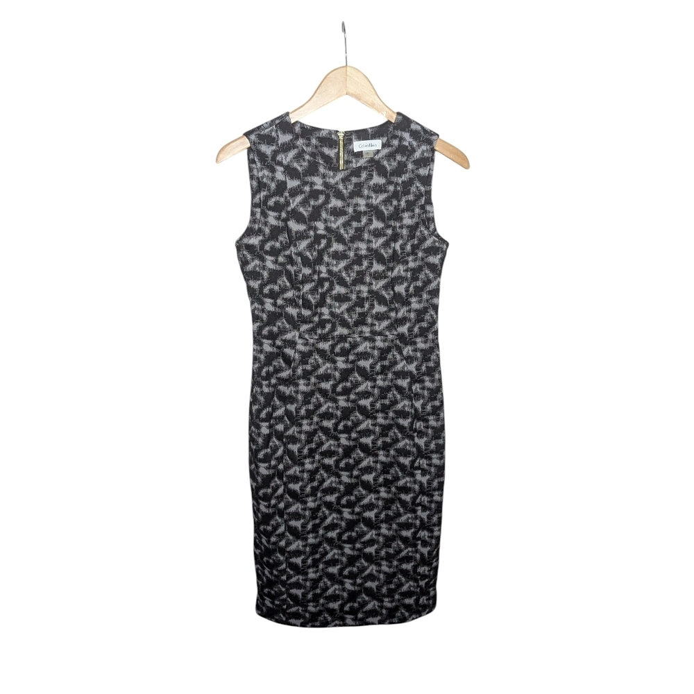 Calvin Klein Sheath Dress 6 Black Gray Textured Sleeveless Career Office Stretch